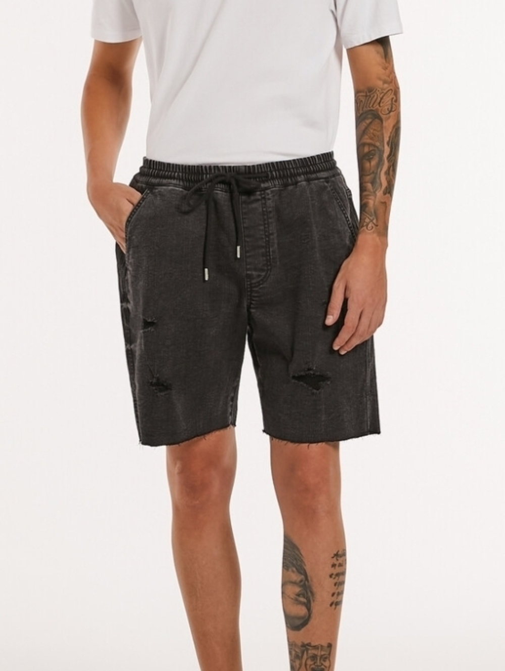 Pull&Bear Men Black Distressed Denim Drawstring Shorts Size L